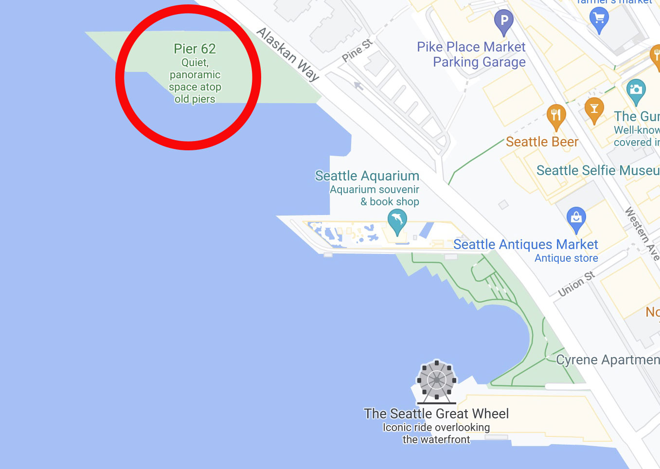 Google map of Pier 62, downtown Seattle
